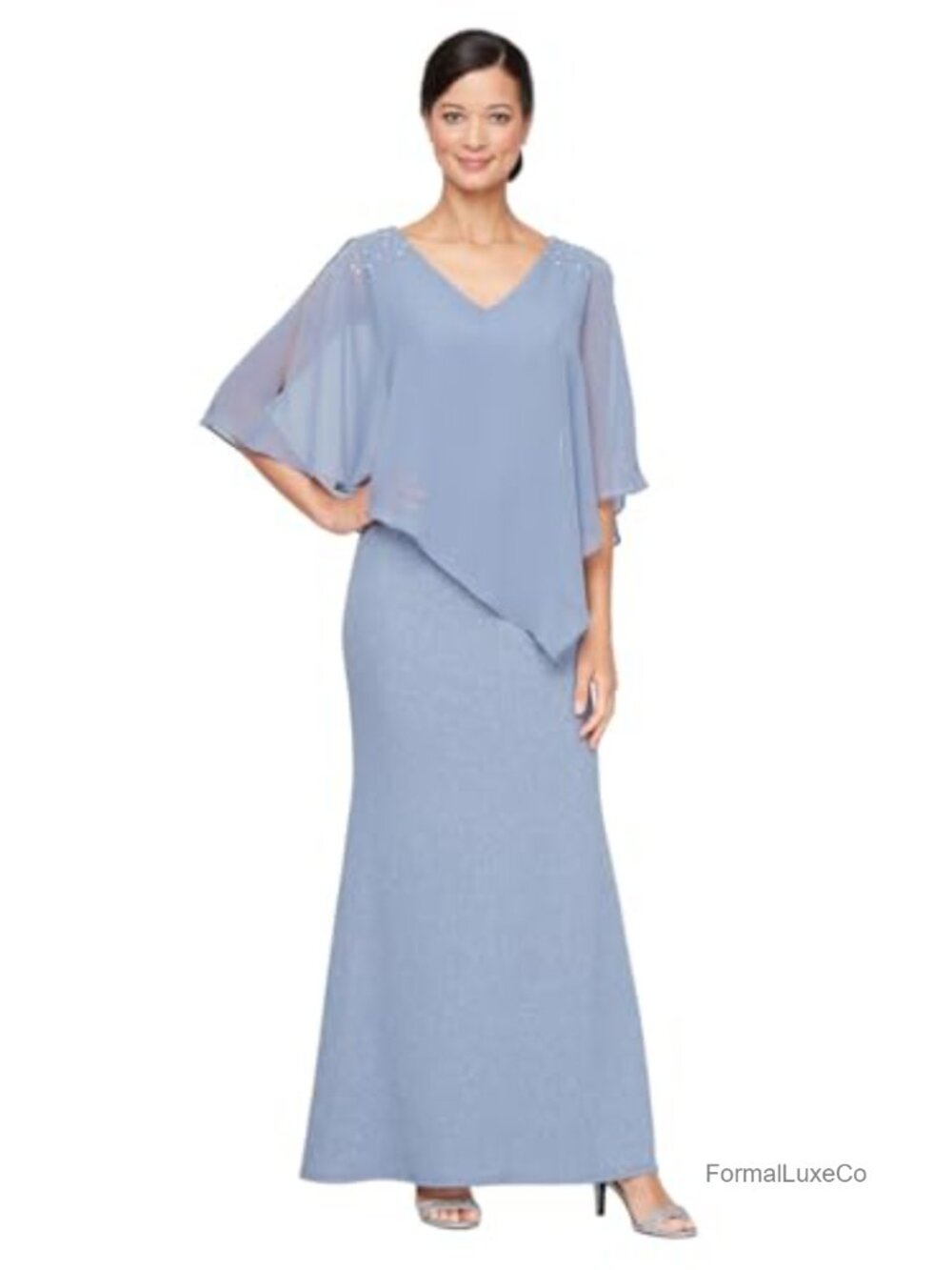 Mother of Bride Formal Gown Plus Size Glitter Chiffon V-Neck with Cape Sleeves